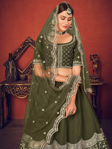 Olive Green Thread Embroidered Art Silk Party Wear Lehenga Choli
